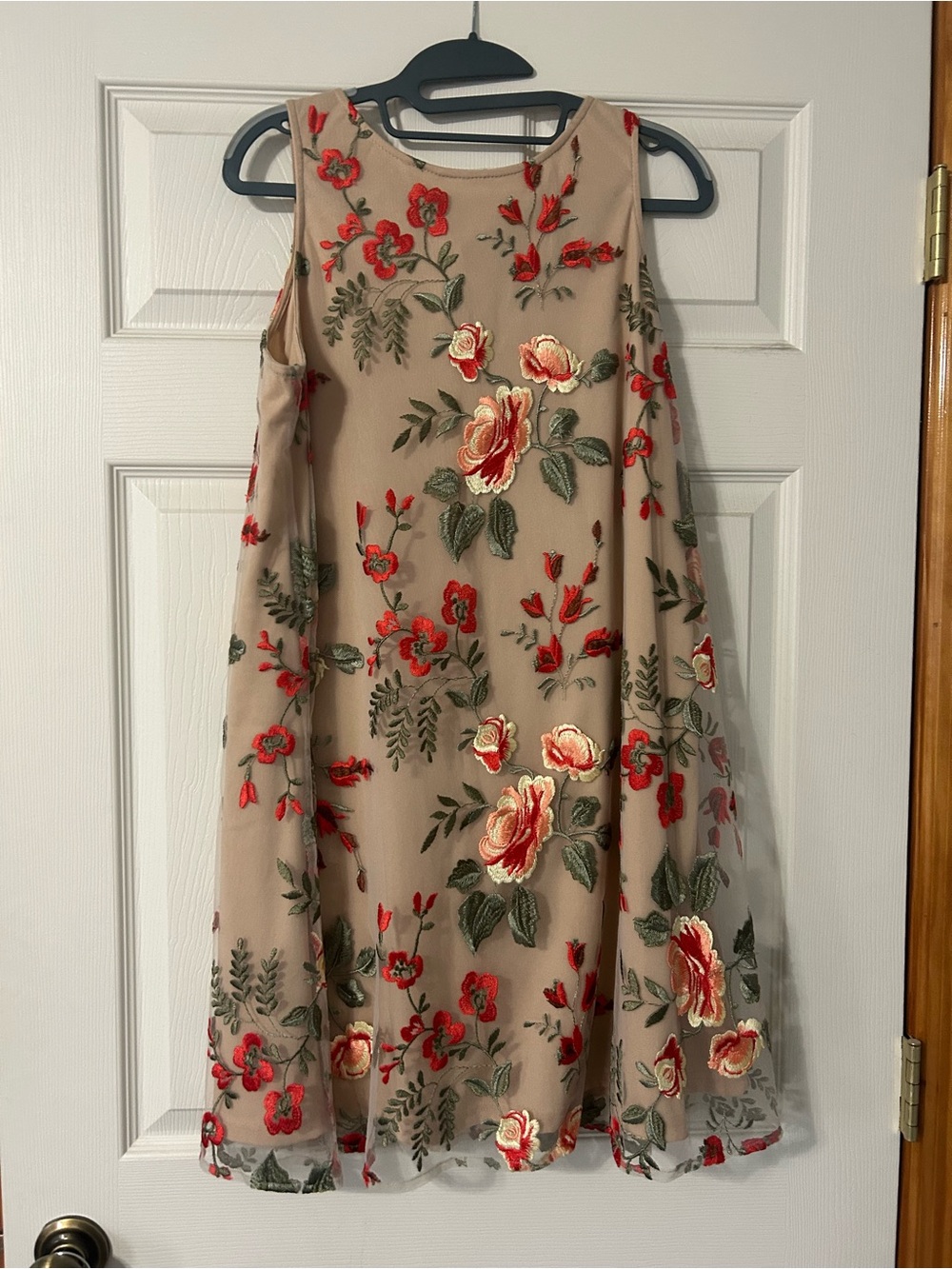 Beige by ECI Mini Dress with Red and Green Floral Embroidery and Tie-Neck